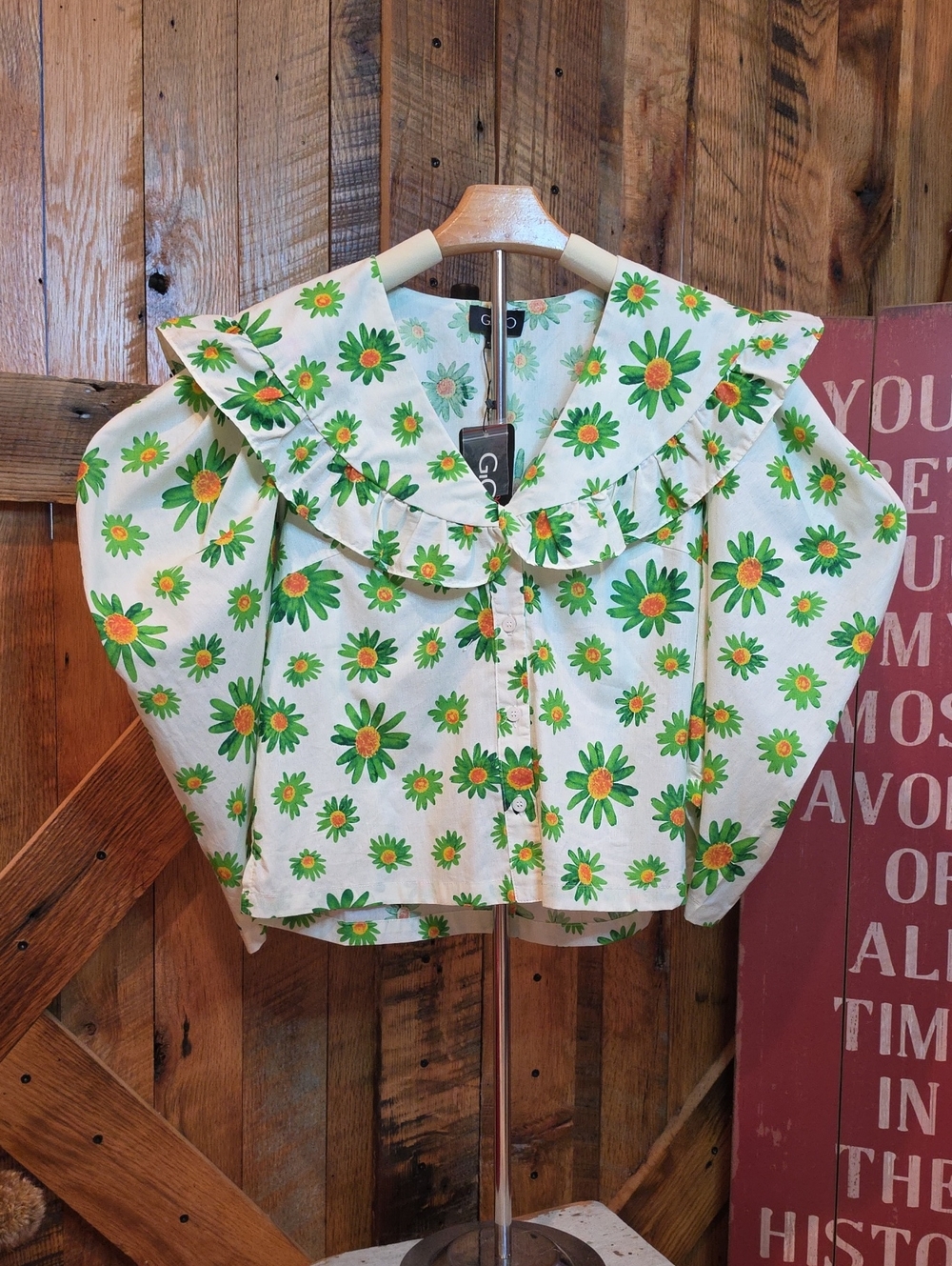 096p Floral Ruffled Collar Blouse - Green Daisy Print